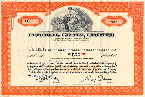 A certificate for 100 shares in Federal Grain