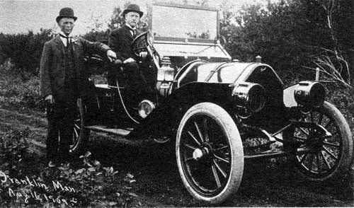One of three 1908 Russell cars brought to Franklin by George Kerr, Dr. Coad, the Kerr family doctor, at the wheel.
