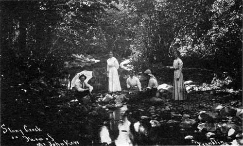 Kerr family members and friends relax by the Stoney Creek, c1906. John Lindsay Kerr, second owner of Robert Kerr's house, is seated to the right.