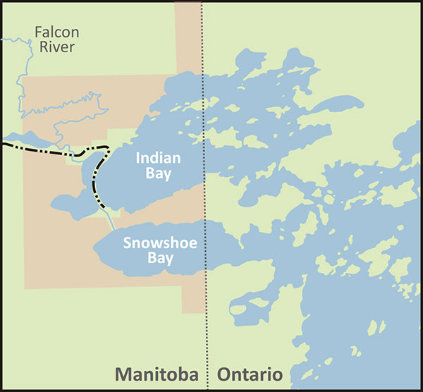 Indian Bay and Aqueduct Inlet area, with the shaded area to the left of the Ontario-Manitoba border denoting the portion of Shoal Lake Indian Reserve No. 40 in Manitoba.