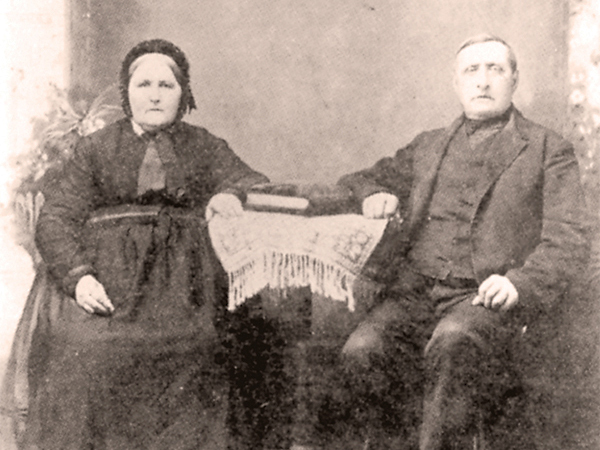 Pioneer midwife Justina Neufeld (nee Loewen), earlier known as Justina Bergen (1828–1905), pictured here with her with second husband Gerhard Neufeld (1827–1916).