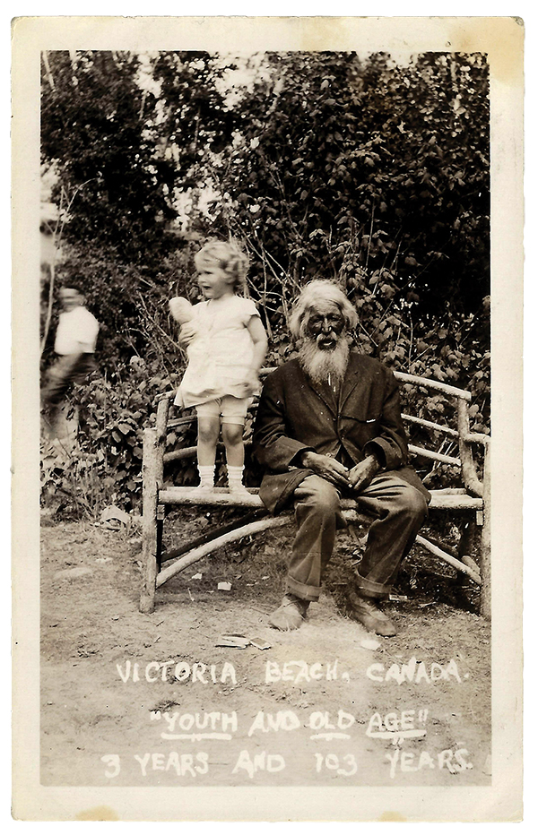 A novelty postcard illustrated the young and old who lived, worked, and played at Victoria Beach through the years.