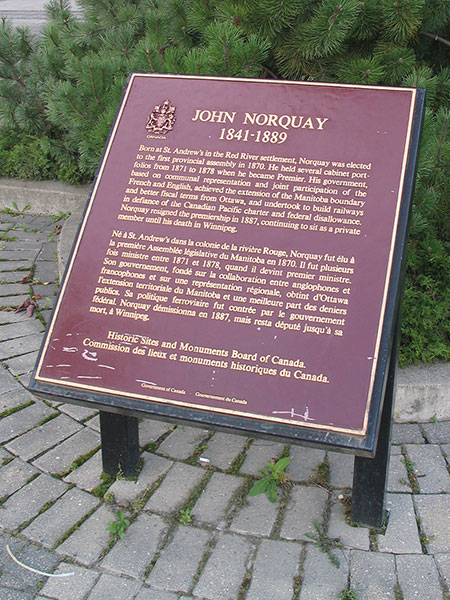 A commemorative plaque for John Norquay on the grounds of the Manitoba Legislature replaced one originally unveiled inside the building, in 1947.