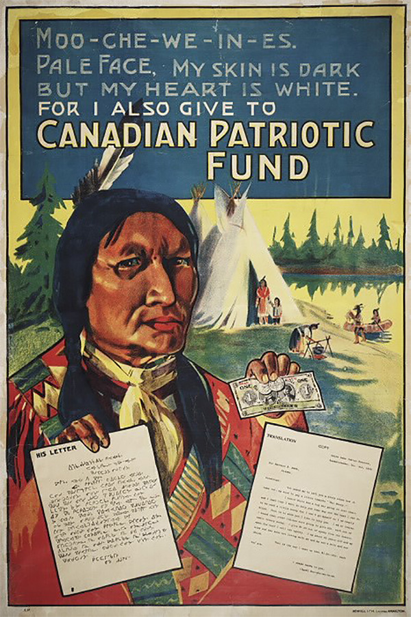 “My skin is dark but my heart is white.” A poster soliciting donations to the Canadian Patriotic Fund during the First World War. 