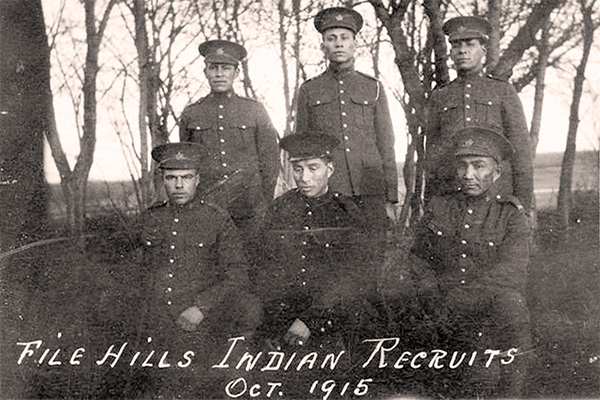 Recruits from File Hills, Saskatchewan, October 1915. Left to right: David Bird, Joe McKay, Leonard McKay, Leonard Creely, Jack Walker, ---?, and Harry Stonefield.