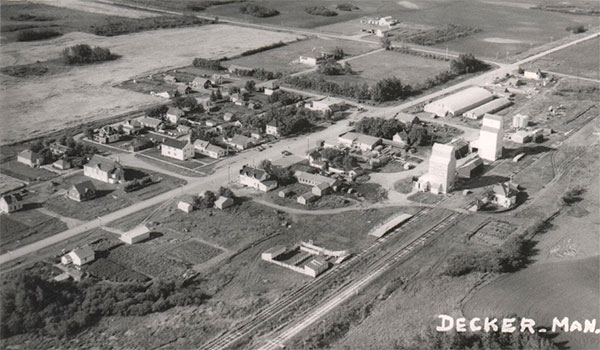 Aerial view of the Manitoba Pool grain elevators at Decker, with the A elevator in the foreground and B elevator in the background