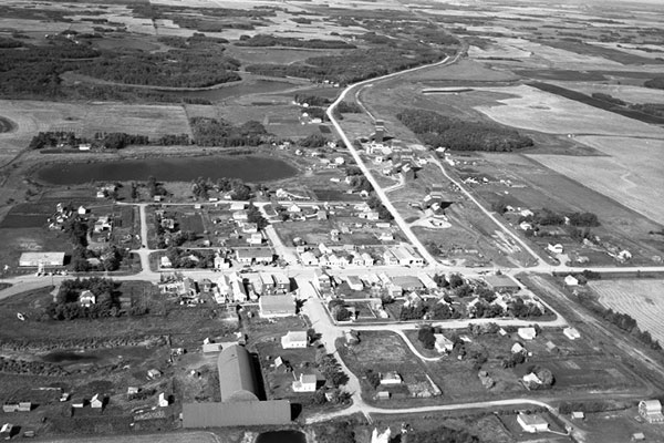 Aerial view of the grains elevators at Angusville
