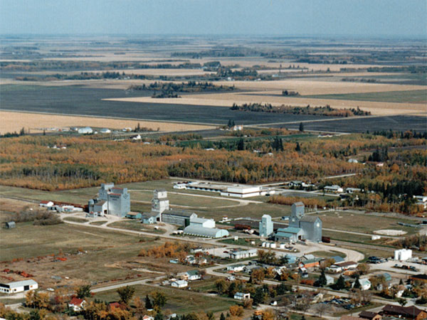 Aerial view of grain elevators at Arborg, from left to right, Paterson, Pool A and Pool B