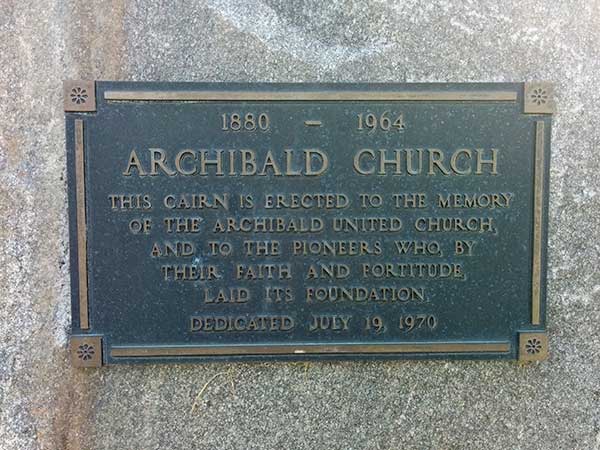 Archibald United Church commemorative plaque