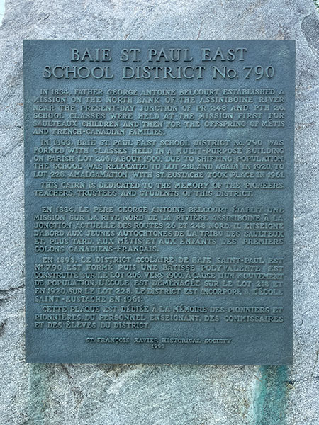 Plaque on Baie St. Paul East School commemorative monument