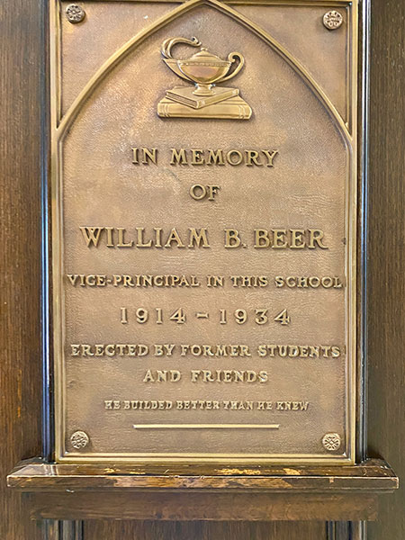 Commemorative plaque for William B. Beer at the former Brandon Normal School