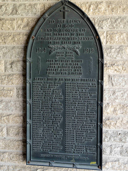 First World War service plaque for the Broadway Methodist Church