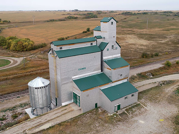 Aerial view of the former Manitoba Pool grain elevator at Cromer