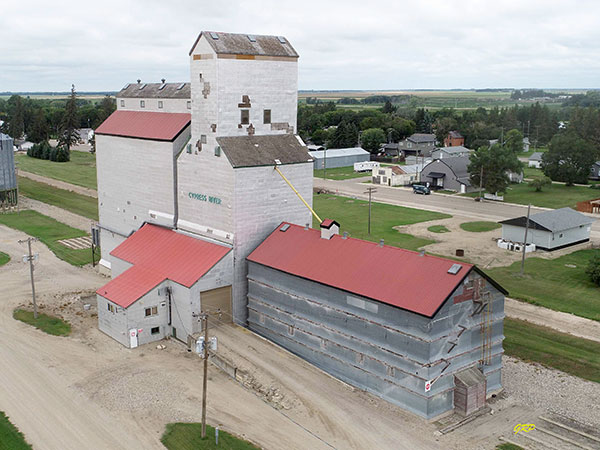 Aerial view of the former Manitoba Pool grain elevator at Cypress River