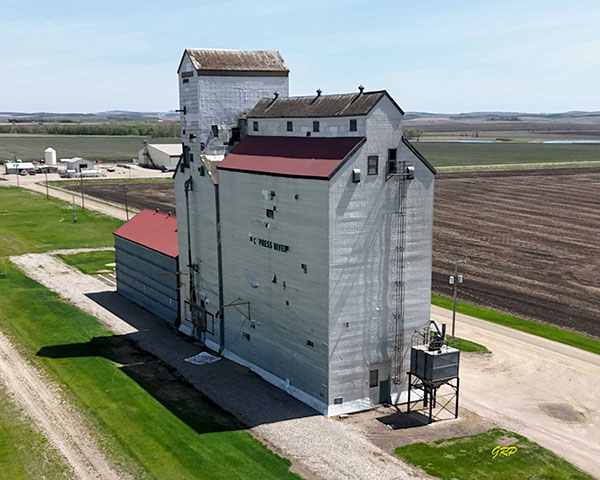 Aerial view of the former Manitoba Pool grain elevator at Cypress River