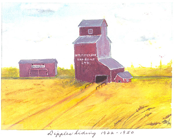 Watercolour painting of the Paterson grain elevator at Dipple
