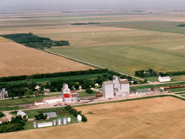 Aerial view of grain elevators at Dufrost