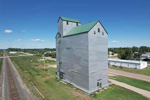 Aerial view of the former Manitoba Pool grain elevator B at Elkhorn