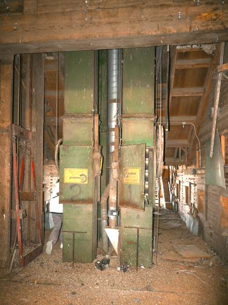 Twin legs inside the former Manitoba Pool grain elevator at Fredensthal West