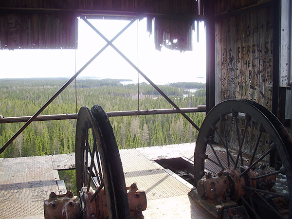 View from the top of Gods Lake Gold Mine headframe
