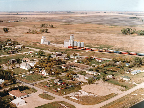 Aerial view of the Manitoba Pool grain elevator at Goodlands