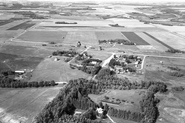 Aerial view of the United Grain Growers grain elevator at Greenway