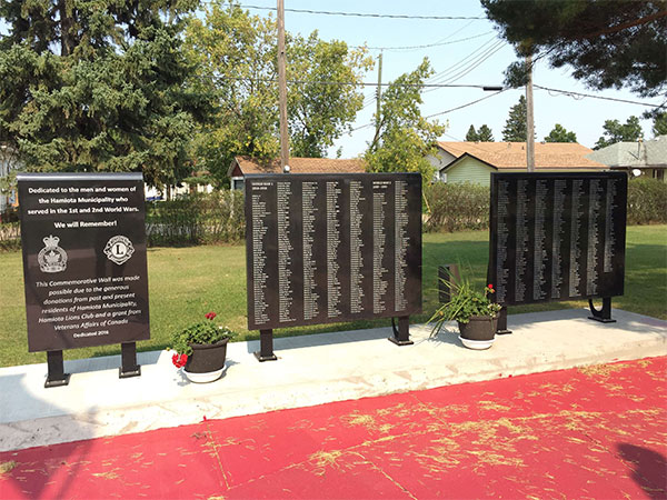 Commemorative plaques erected beside the Hamiota War Memorial in 2016