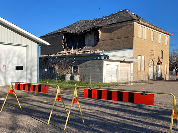 Exterior wall damage to the former Hartney Town Hall