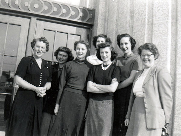 Teachers of Inkster School, back (L-R): Esther Anderson, Bev Zakaluk, Frieda Krahn, Jean ?; front (L-R): Hedy Dirks, Mary Jones, Eileen George