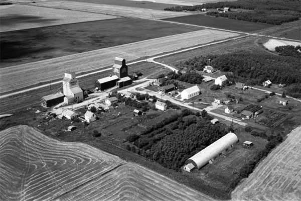 Aerial view of grain elevators at Marquette