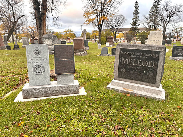 Monuments in the Kildonan Presbyterian Cemetery for Alexander Neil MacLeod, Margaret Lillian Arnett MacLeod, and Alan Arnett MacLeod
