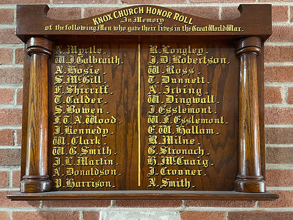 First World War honour roll for Knox Presbyterian Church