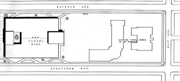 Architectural drawing of the present Lord Roberts School relative to the former buildings
