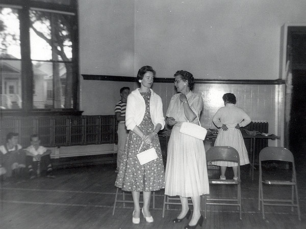 Teachers P. Holman (left) and M. Feltham (right) in the auditorium of Lord Roberts School No. 2