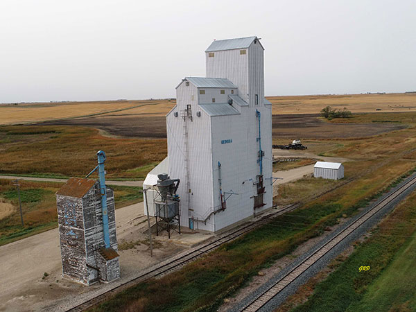 Aerial view of the former United Grain Growers grain elevator at Medora