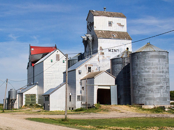Former Manitoba Pool grain elevator at Minto with the former Paterson grain elevator at the right foreground
