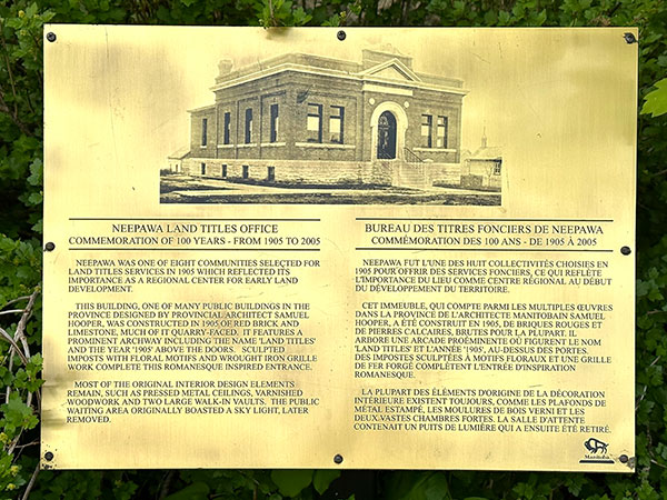Commemorative plaque near the Neepawa Land Titles Building