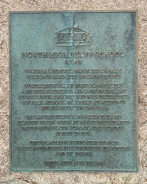 Plaque on North High Bluff School commemorative monument