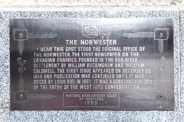 Nor'Wester commemorative plaque on an exterior wall of the Federal Building