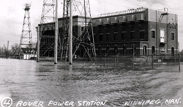 Aerial view of the Rover Terminal building during the 1950 Winnipeg flood