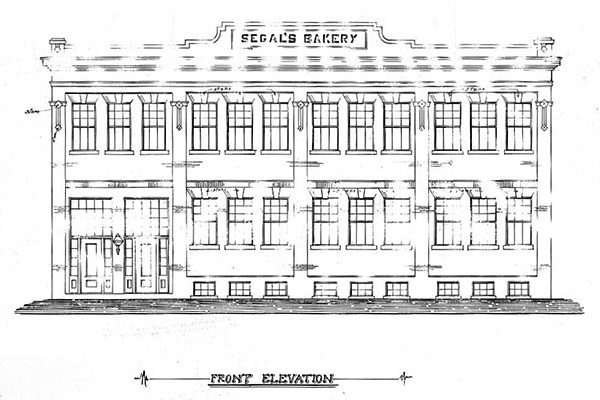 Architectural plans for the front elevation of the Segal Bakery Building