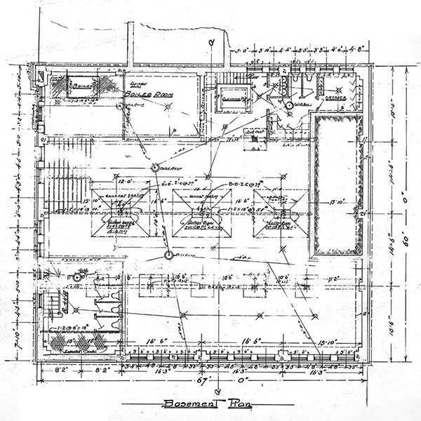 Architectural plans for the basement of the Segal Bakery Building