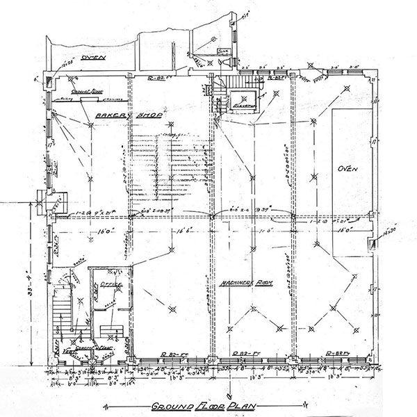 Architectural plans for the ground floor of the Segal Bakery Building