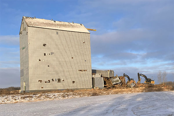 Former Manitoba Pool grain elevator at Sinclair under demolition