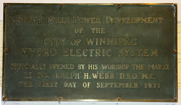 Commemorative plaque inside the Slave Falls Generating Station