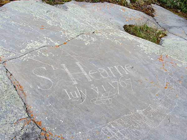 Etched signature of explorer Samuel Hearne in Sloop Cove