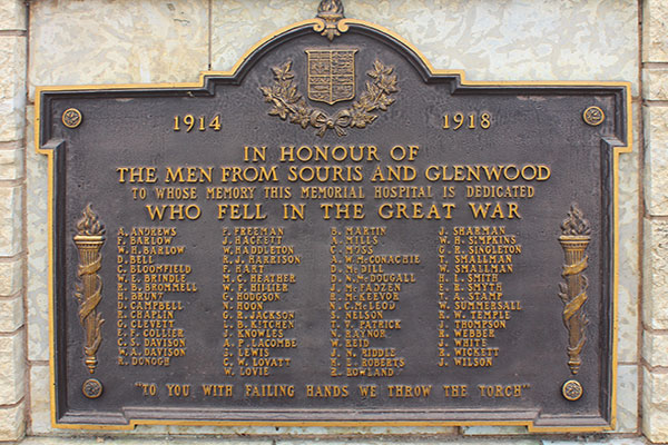 First World War commemorative plaque at the Souris War Memorials