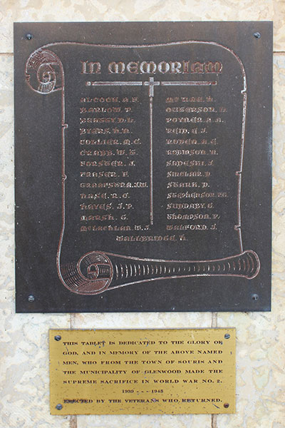 Second World War commemorative plaque at the Souris War Memorials