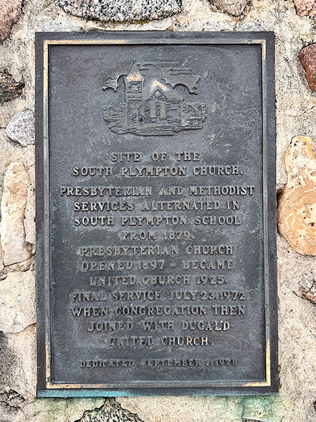 Plaque on South Plympton United Church commemorative monument
