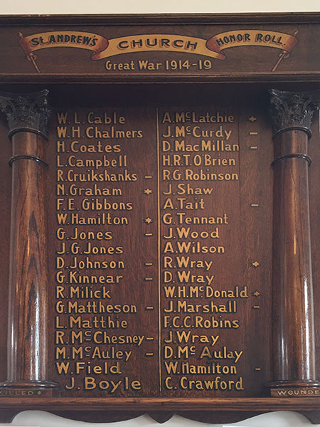 First World War Honour Roll in St. Andrew's Presbyterian Church at Brandon